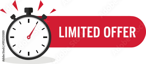 Limited Offer vector banner with stopwatch icon, red and white design for sales, promotions, and special deals, ideal for website headers and marketing campaigns