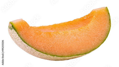Tableau sur toile Isolated fresh ripe cantaloupe slice with vibrant orange flesh and green rind, d