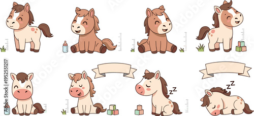 Cute cartoon baby horse pony collection with sleeping playing feeding scenes nursery animals adorable vector illustration set