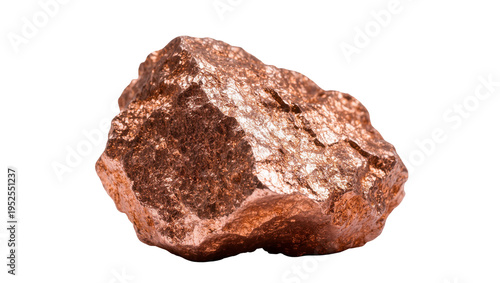 Photography Isolated natural copper nugget with rough texture, shiny metallic luster, and re