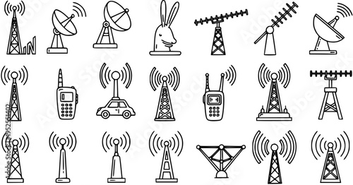 Black and White Line Art Icons of Communication Towers, Antennas, and Satellite Dishes - Technology and Connectivity Symbols