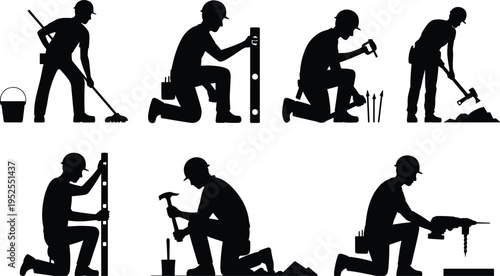 Construction worker silhouettes with tools, hammering drilling and measuring tasks, industrial labor set, builders performing repair work vector illustration collection