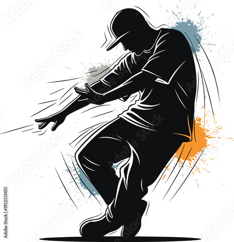 Street dancer silhouette with dynamic paint splashes urban hip hop movement breakdance style energetic artistic vector illustration design