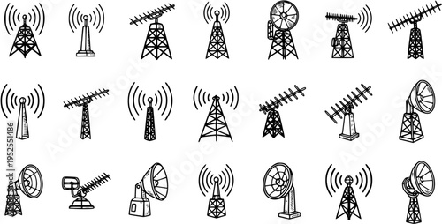 Hand-Drawn Black and White Line Art Icons of Telecommunication Towers, Radio Antennas, and Satellite Dishes for Communication Technology.