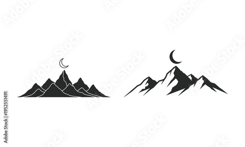 Crescent moon shining above majestic mountain range peaks at night for nocturnal wilderness scene