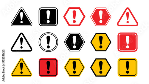 A diverse assortment of modern warning and alert icons for various digital and physical safety applications.