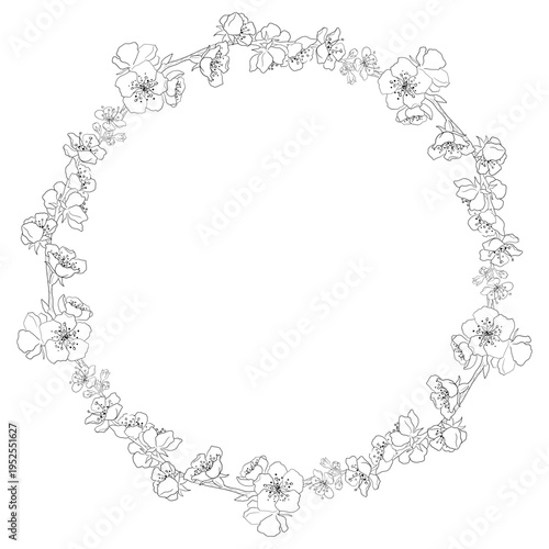 Round Floral Wreath Drawn with Line on White Background