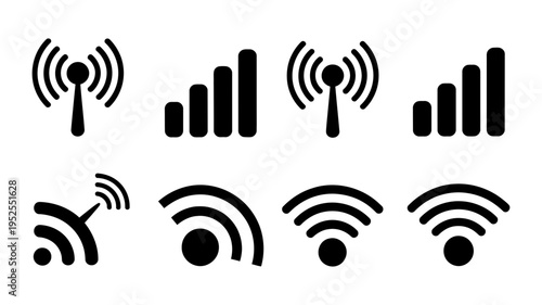 A diverse collection of eight black icons representing various wireless and antenna signal strength indicators.