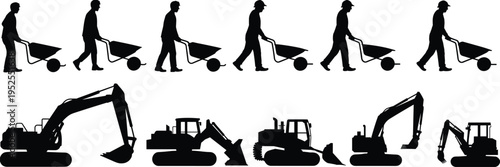 Construction worker walking with wheelbarrow sequence, excavator machinery silhouettes set, industrial labor concept, building site activity, black vector illustration isolated on white background