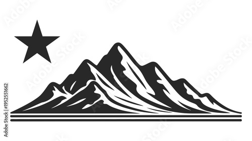 A majestic mountain range with a prominent star symbolizing adventure and high aspirations against a clear sky.