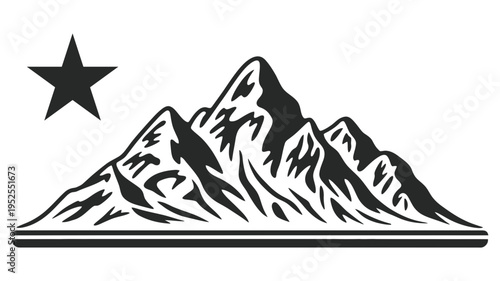 A rugged and detailed mountain range with a bright star overhead, representing exploration and grand dreams.