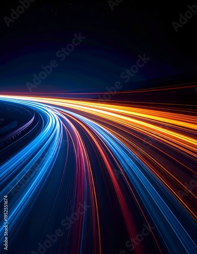 Dynamic light trails illuminate a dark road at night.