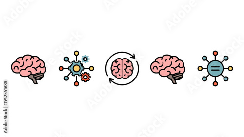 A vibrant set of colorful brain icons representing artificial intelligence, thought processes, and connectivity.