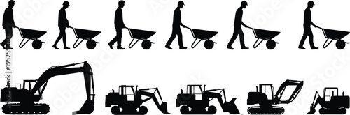 Construction worker wheelbarrow walking progression, excavator and loader machinery silhouettes set, industrial labor concept, building site activity vector illustration isolated on white background