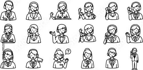 Customer Service Call Center Agents Line Art Icons Set. Black and White Outline Illustrations of Support Operators with Headsets and Phones.