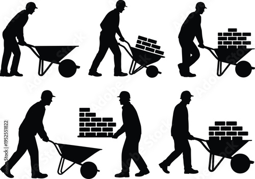 Construction worker wheelbarrow with bricks silhouettes set, masonry transport process, manual labor activity, building site industrial concept vector illustration isolated on white background