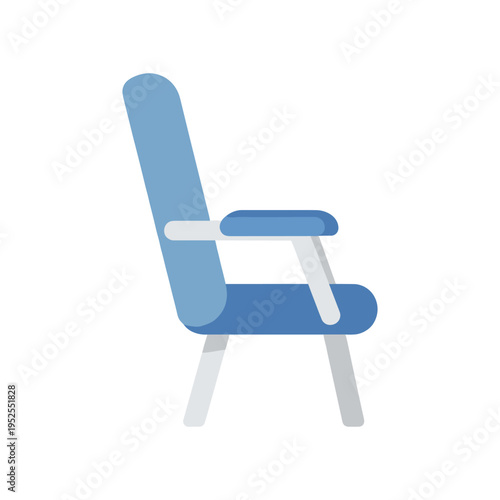 A blue chair with armrests and a white background