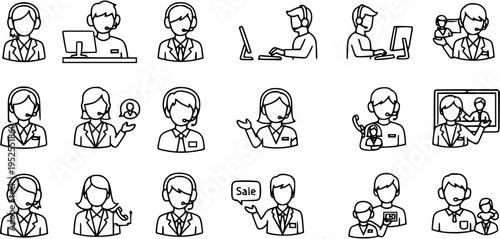 Customer Service Icons Set. Black and White Line Art Outline Glyphs for Call Center Agents, Helpdesk, and Online Support Professionals.