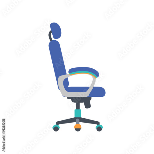 A blue office chair with a headrest and armrest