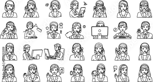 Black  White Line Art Call Center Icons Set. Customer Service Agents and Operators with Headsets. Outline Icons for Support, Communication, and Helpdesk.
