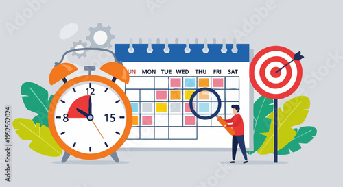 Time management and schedule planning vector illustration with alarm clock, calendar, target, and person analyzing tasks for business productivity