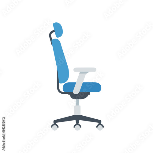 A blue office chair with wheels and a headrest