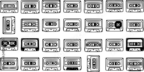 Retro Music Cassette Tapes Black and White Line Art Icons. Vintage Audio Compact Cassette Outline Symbols Collection for Entertainment Industry.