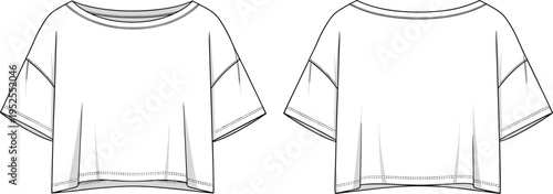 Cropped t-shirt vector illustration, front and back view clothing template, short sleeve casual apparel design, loose fit crop top garment, modern fashion sketch, everyday outfit