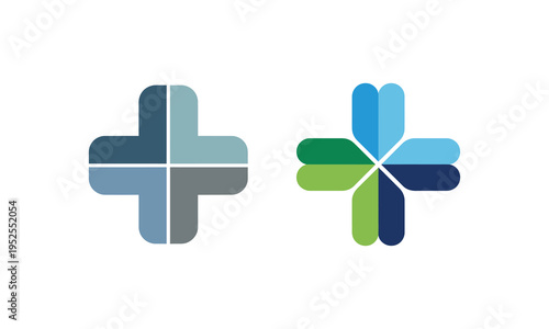 Creative medical cross logo design made from four connected elements. healthcare concept