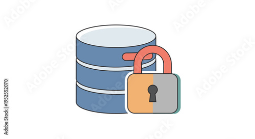 Database stack with padlock icon partially attached, representing data security and locked access to information