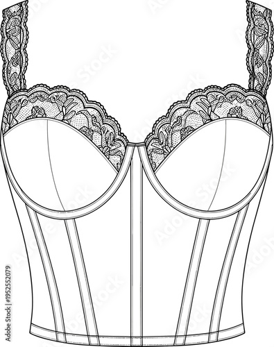 Elegant lace corset bustier vector illustration, detailed lingerie design, feminine fashion garment outline, structured bodice with straps, vintage inspired underwear sketch, isolated template