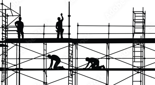 Construction workers silhouettes on scaffolding platform, building maintenance and installation activity, industrial labor vector illustration, engineering site concept, workforce safety 
