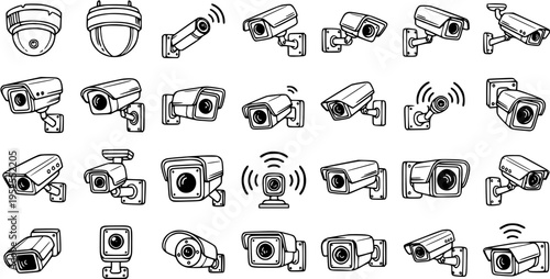 Black and White Line Art Icons of Various Security Cameras for Technology and Surveillance