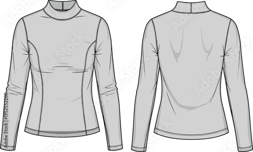 Mock neck long sleeve top vector illustration, front and back view clothing template, fitted casual apparel design, modern minimalist garment, women fashion sketch, everyday outfit