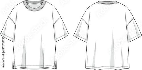Oversized t-shirt vector illustration, front and back view clothing template, relaxed fit casual apparel design, modern streetwear garment, loose silhouette fashion sketch, basic tee outline