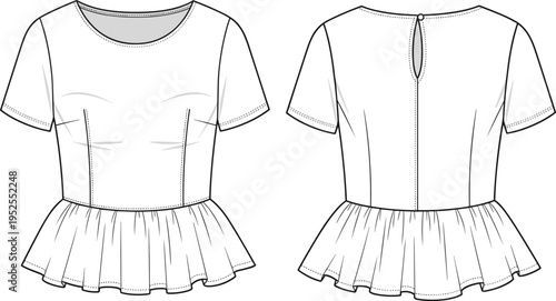 Peplum top vector illustration, front and back view clothing template, short sleeve feminine blouse design, flared hem garment, stylish casual apparel, modern fashion sketch
