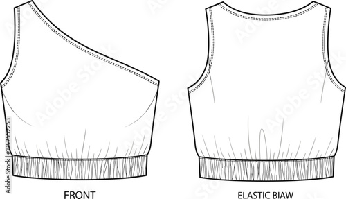 One shoulder crop top vector illustration, front and back view clothing template, asymmetric neckline design, elastic waistband detail, modern fashion apparel, stylish garment sketch