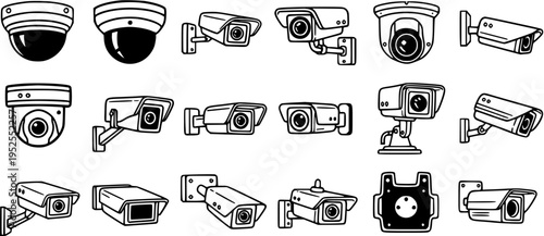 Security Surveillance CCTV Cameras Line Art Icons Set. Hand-Drawn Black and White Outline Doodles of Modern Technology Monitoring Devices for Safety.