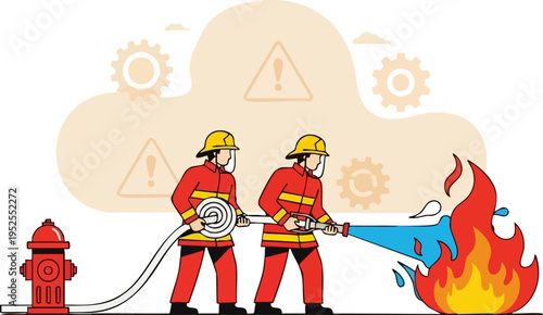 Two Firefighters in Red Uniforms and Yellow Helmets Extinguishing a Fire with a Water Hose Next to a Red Fire Hydrant, Vector Illustration