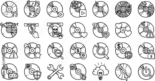 Black and White Line Art Icons of CDs, Technology, Data, and Digital Media Concepts