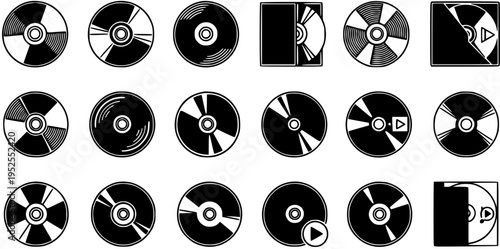 Black and White Line Art Icons of CDs and Cases, Technology and Music Storage Media