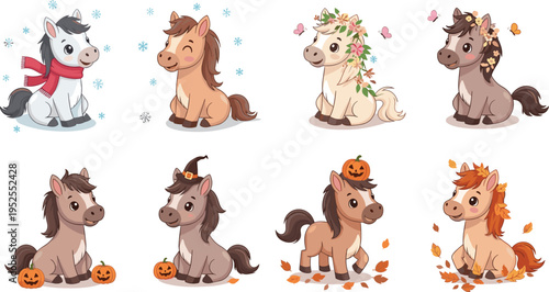 Cute horse seasonal collection with winter spring summer autumn themes cartoon pony characters festive vector illustration set