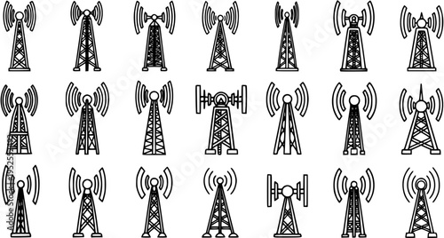 Black and White Line Art Icons of Communication Towers, Technology and Networks
