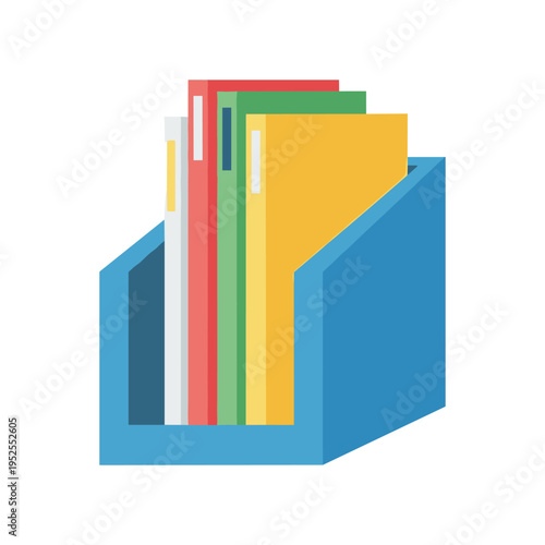 A blue file organizer with colorful files