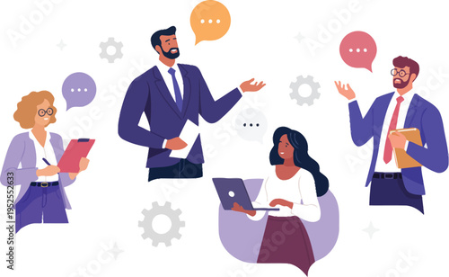 Business team meeting: professionals discussing ideas with laptops, documents, and gear icons