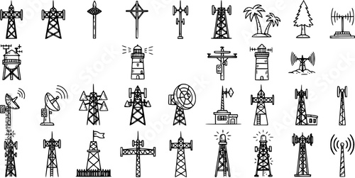 Hand Drawn Telecommunication Towers, Antennas, Lighthouses  Broadcasting Signals Vector Line Art Icons Set. Technology  Communication Doodles.