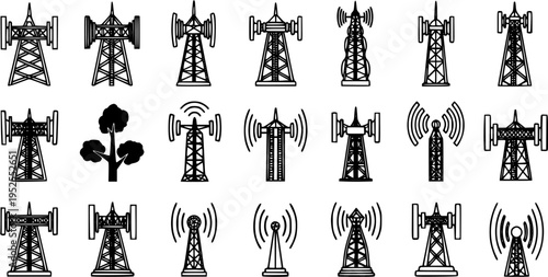 Black and White Line Art Icons of Cell Towers and Antennas for Telecommunications Industry