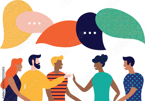Diverse group of people in discussion with colorful speech bubbles above, communication concept, speech bubble