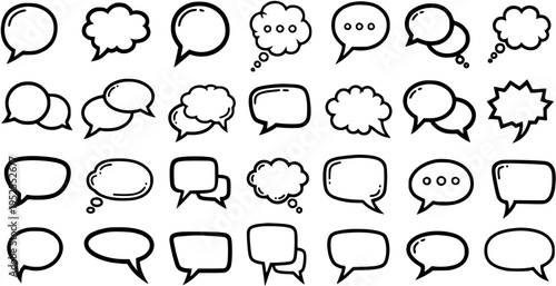 Black and White Line Art Speech Bubbles, Conversation Icons, Communication Symbols