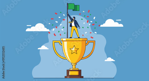 Successful Business Person Standing on Golden Trophy Holding Green Flag with Confetti, Celebrating Achievement and Victory Vector Illustration